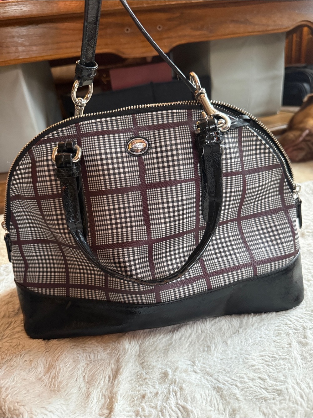 Coach Peyton Glen Plaid Cora Domed Satchel Crossbody Bag F37056 Black